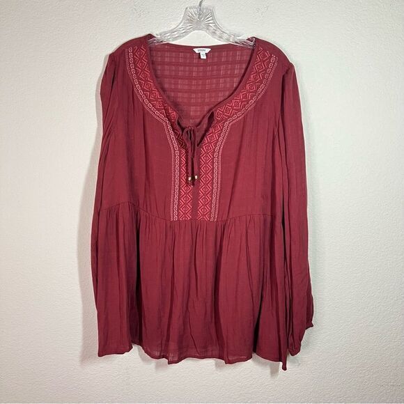 Sonoma Red Geometric Tie Neck Long Sleeves‎ Pleated Top Women's Plus Size 1X - Picture 1 of 7